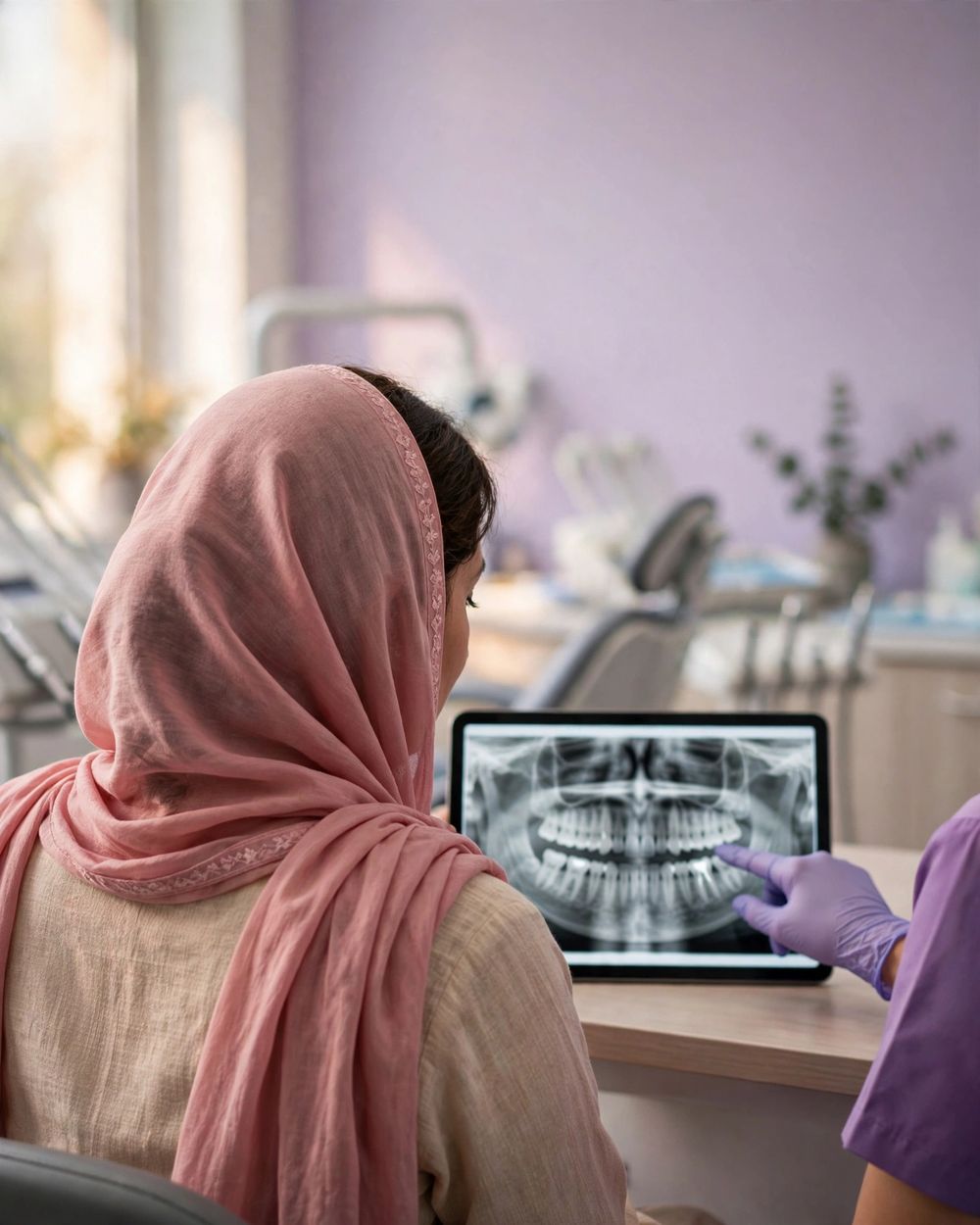 Patient looking at her X-ray with the dentist
